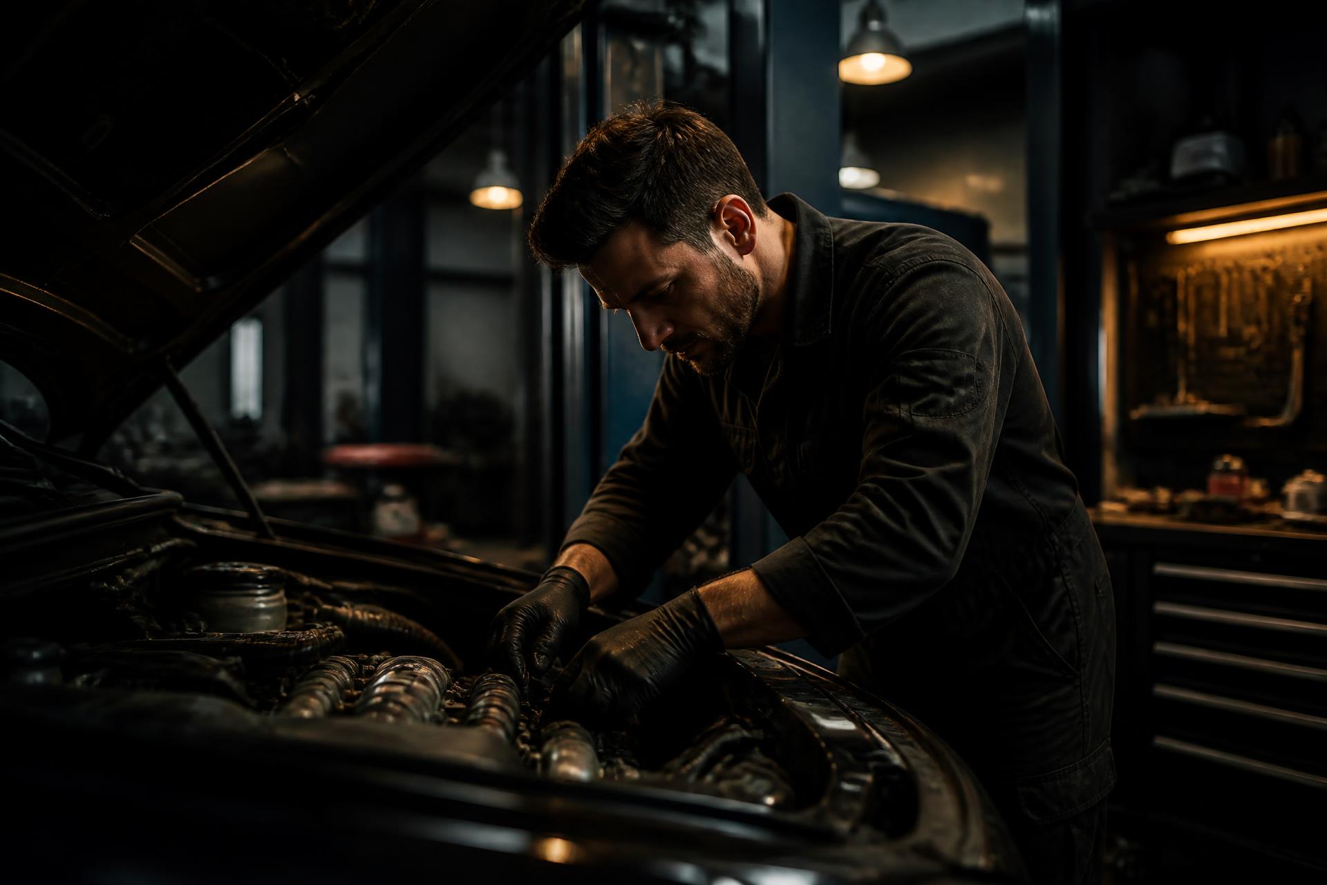 Mechanic inspecting a car engine at AV Auto in Los Angeles